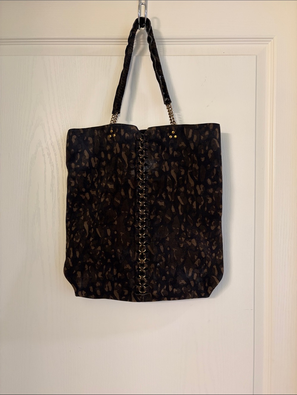 Jerome Dreyfuss Black and Dark Green Leopard-Print Tote with Chain Accent